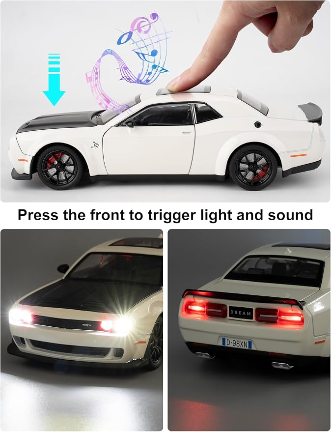 Compatible for 1/24 Dodge Challenger SRT Hellcat Car Model, Collectible Die-Cast Model Car with Lights and Sounds,Pull Back Car Toy for Adults Kids Birthday Gifts Decoration (White)