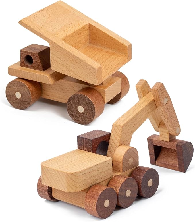 Wooden Toy Cars for 3 Year Old Boys & Girls - Construction Vehicles Set Push Toys for Toddlers, Wood Montessori Car with Rolling Wheels, Natural Wood Toys (Excavator & Dump Truck)