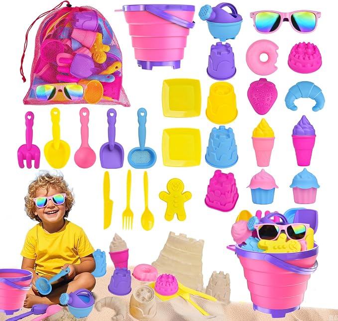 31PCS Beach Toys Set for Girls Kids, Collapsible Sand Bucket and Shovels Set with Watering Can, Ice Cream Cake Sand Molds,Mesh Bag, Outdoor Play Travel Beach Toys for Kids Toddler Boys Girls