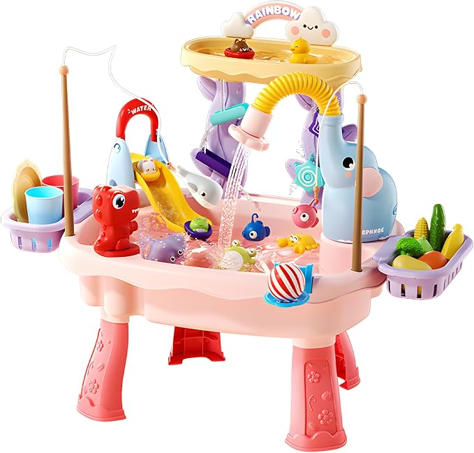 2027 Upgraded Toddler Sand Water Table Toy with Electric Water Pump, Kids Sand Water with Faucet/Play Food Accessories/Fishing Toy, Kitchen Play Sink Toys for Girl Boy Age 3+ (Pink)