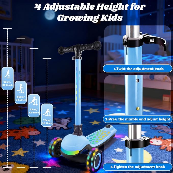 Light Up 3 Wheel Kick Scooter for Kids Toddlers with LED Sync Lights, Flashing Stem & Wide Polka Dot Deck Adjustable Height Music Function Safe Sturdy Folding Scooter for Kids