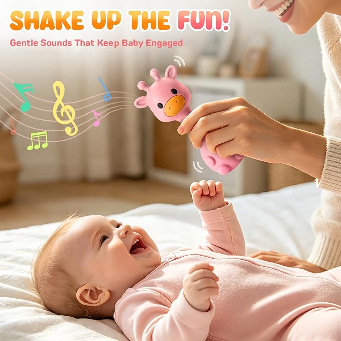Baby Rattles Teething Toys 3-6 6-12 Month, Multi-Functional BPA-Free Silicone Teether Toys for Teething Relief & Sensory Rattle Play, Perfect Infant Newborn Toys & Baby Gifts (Rose Pink)