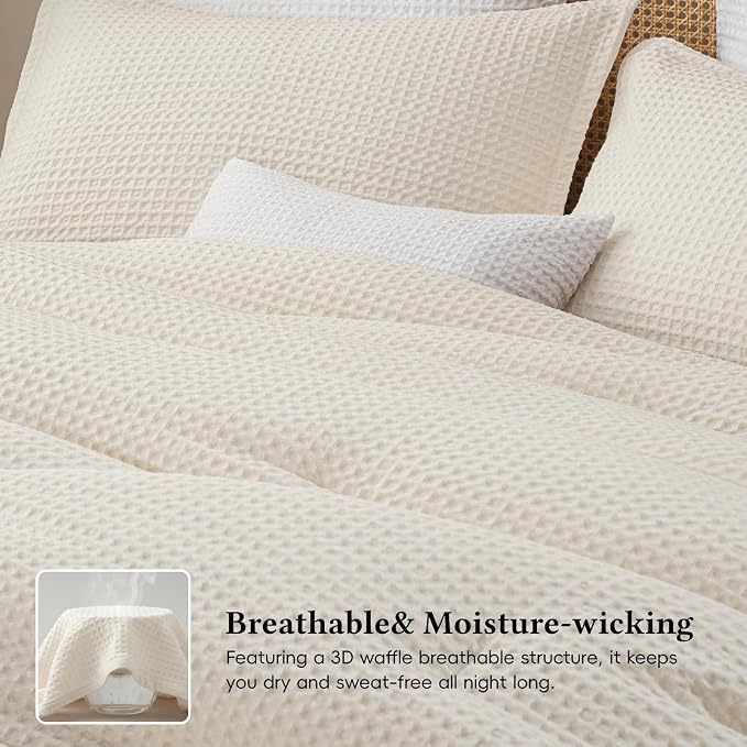 David's Home Waffle Weave Comforter Set 2PCS Twin Size, Soft Breathable Lightweight Cozy Skin-Friendly Warm for All Season, Elegant Aesthetic Home Decor Bedding Set with Pillow Shams, Cannoli Cream