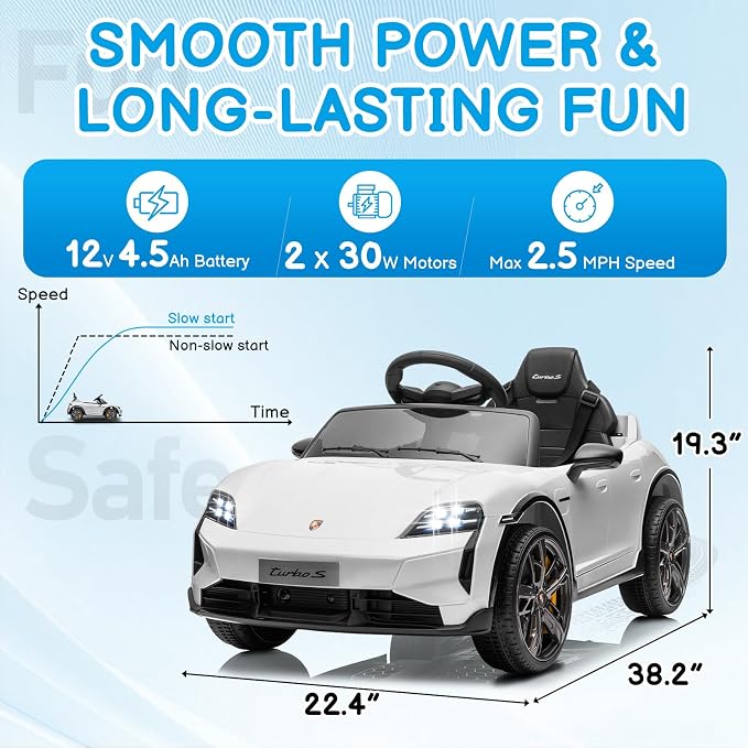 Winado 12V Kids Ride on Car, Licensed Porsche Taycan Electric Car for Toddlers, Battery Powered Ride on Vehicle W/Remote Control, with Bluetooth, 3 Speeds, LED & Rear Lights, Music & Horn (White)
