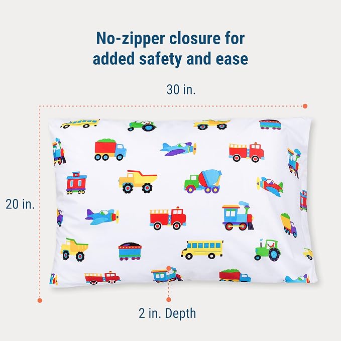 Wildkin 100% Cotton Kids Pillowcase – Soft, Breathable & Standard Size (20x30) - Trains, Planes, and Trucks