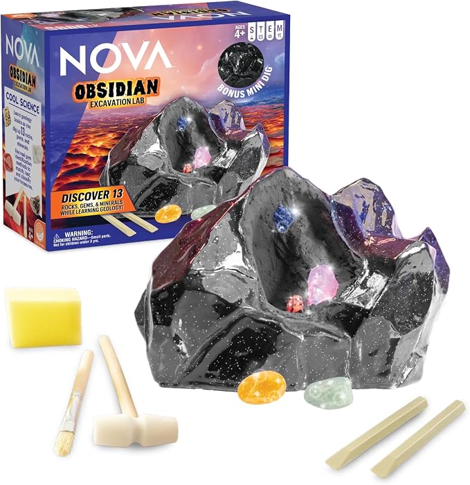 Gem Dig Kit for Kids Ages 4+ - NOVA Obsidian Excavation Lab by MindWare, 13 Real Gems + Bonus Mini-Dig + Dig Journal, Geology Science Kit with Rock & Mineral Tools