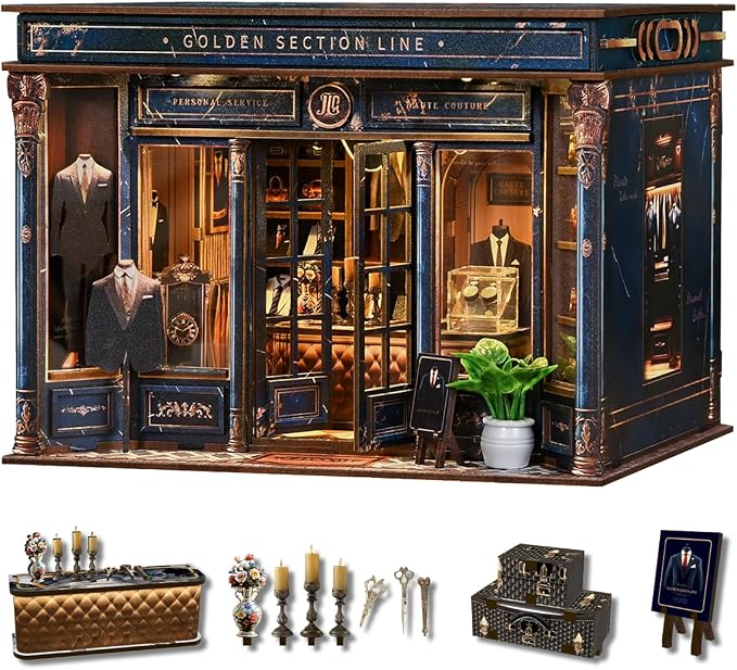 Book Nook Kit DIY Miniature Dollhouse Kit 3D Wooden Puzzles Gentleman's Clothing Store Tiny House Bookshelf Decor with LED, DIY Craft Gift for Adults Teens- Golden Section Line