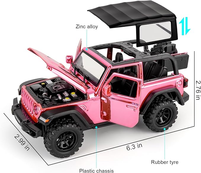 TGRCM-CZ 1:32 Scale Wrangler Rubicon Toy Car – Die-cast Model with Sound & Light Effects, Pull-Back Function, Durable Toddler Toy, Suitable for Ages 3 and Up,Pink