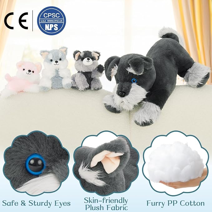 MorisMos Plush Schnauzer Dog Stuffed Animal with Babies, 20'' Big Mommy Dog with 3 Baby Puppy Toys for Kids, Xmax Stuffed Schnauzer Dog Toys for Girl Boy, Lifelike Dog Gifts for Christmas Birthday