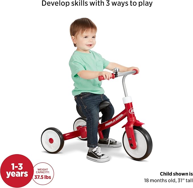 Radio Flyer Triple Play Trike, For Ages 1-3, 3-in-1 Ride-On, Tricycle or Balance Bike, Tool-Free Transformation, Adjustable Padded Seat, Pedal Storage, Ringing Bell, Steel Frame, Tricycle for Toddlers