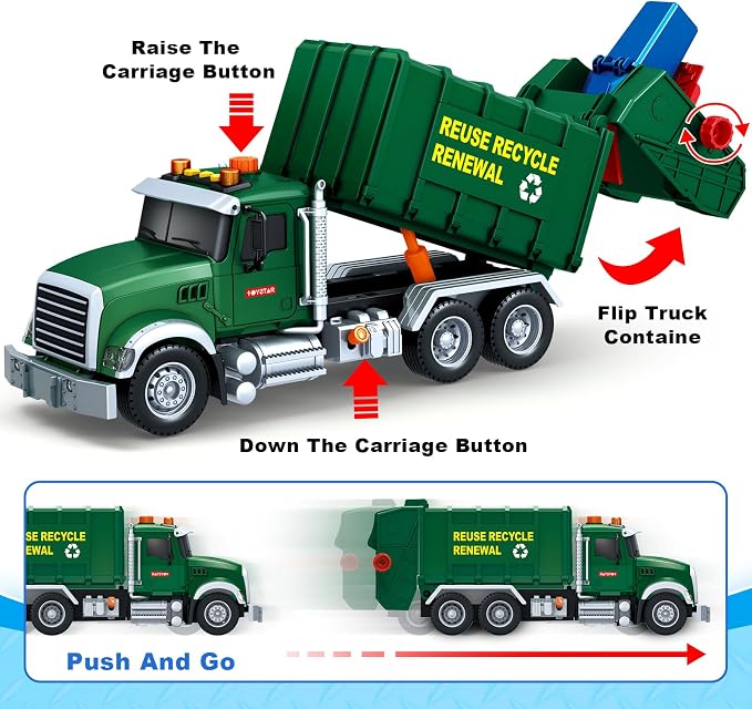 SpringFlower Toy for 3 4 5 6 7 Years Old Boy,15" Large Garbage Truck Toys for Kids,Friction Powered Garbage Truck with Sound and Light, Trash Bins,Learning Cards,Birthday Gifts for Boys & Girls