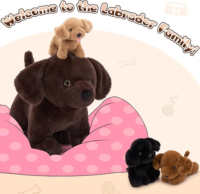 4Pcs Lab Plush Toy, 15.7" Chocolate Mom Labrador Stuffed Animal with 3 Cute Stuffed Baby Dogs in Mother's Belly, Soft Lab Puppy Plushies for Kids Dog Lovers,Christmas Birthday Gift