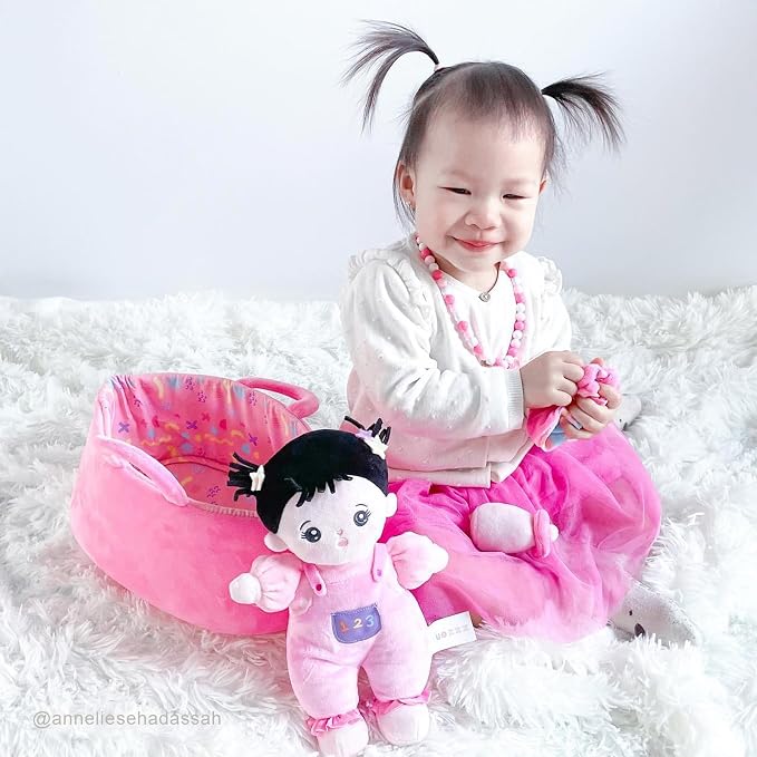 OUOZZZ 10" Soft Baby Doll Accessories with Plush Asian Doll, Bassinet, Blanket and Bottle, Toys for 2 Year Olds Girls Birthday Gift, Interactive Pretend Playset for Preschool, Home