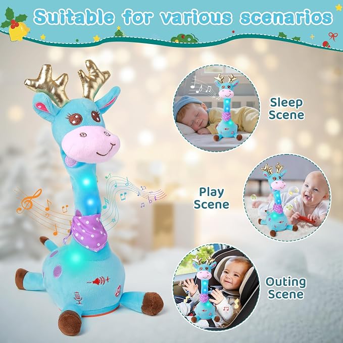 Dancing Talking Giraffe Toy, Stuffed Animal Baby Toy Repeating What You Say, Glowing Musical Giraffe Gifts for Toddlers 1-3 Years Old, for Kids (Blue Giraffe Antlers)