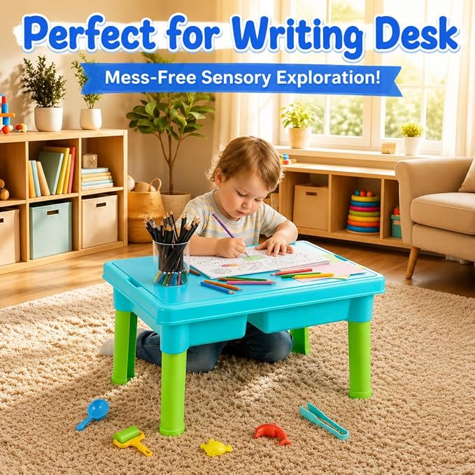 Carolart Ocean Sensory Table with Sands, Bin with Lid, Indoor Outdoor Use, Sand Art Kit for Boys and Girls, Toys for Toddlers Age 3-5, 17x11.5x10.2 Inches