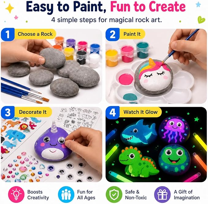 Rock Painting Kit for Kids Ages 6–12, Arts & Crafts Set, Creative Art Toys, Glow-in-the-Dark Rocks to Paint, Gifts for Birthdays & Holidays, Stocking Stuffers