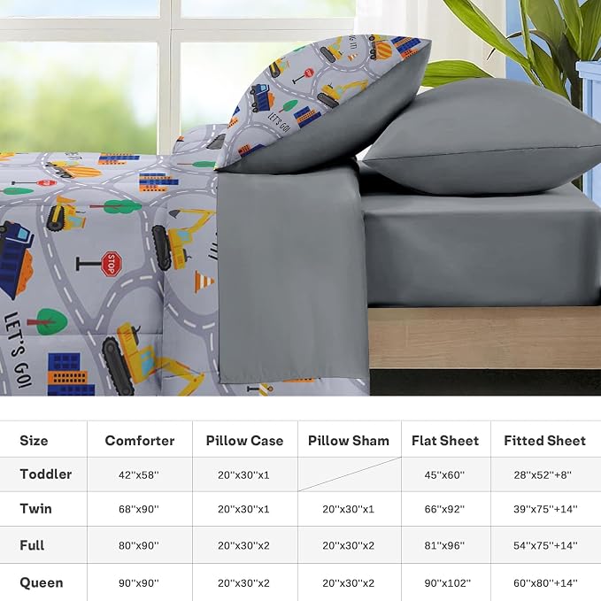 Nesker 7 Pcs Comforter Set Queen Size, Construction Vehicles Car Bedding for Kids Teen, Town Tree Truck with Fitted Sheet 2 Pillowcases & 2 Shams for Bedroom Bed Decor