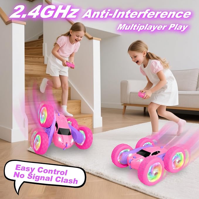 Remote Control Car, RC Cars for Girls, 2.4 GHz Double Sided RC Crawler with Upgraded USB-C Modular Battery, 360°Rotating Car Toys for 6 7 8 9 10 11 12 Year Old Girl Birthday Gift Pink-Purple