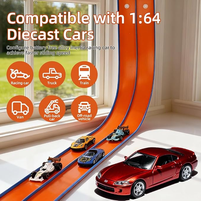 Flexible Race Car Track 15 Ft Starter Set for Kids Age 3+, Rolls Up Portable Flex Track Compatible with Diecast 1/64th Cars, Long Kids Car Ramp Toy with Suction Cups