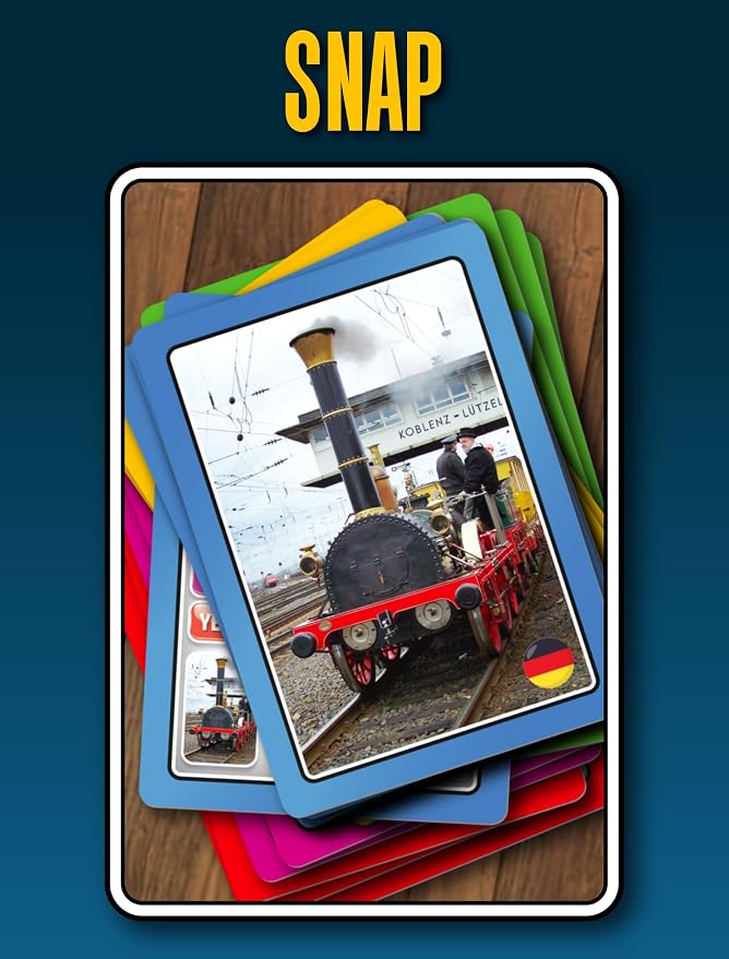 SMART CARDS Trains Card Game. 50 Cards, 7 Games; Pairs, Snap, Trumps, Rummy, Train Trivia Facts Quiz. Top Travel Games, Gift, Stocking Stuffer, Age 5+, 1-8 Players