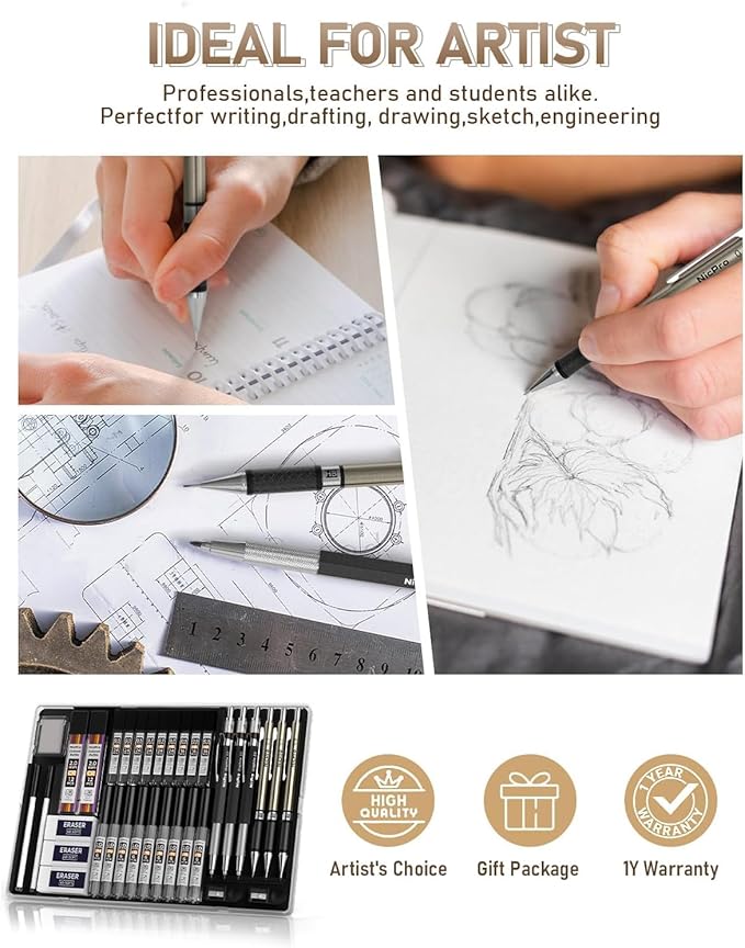 Nicpro 35PCS Gold Art Mechanical Pencils Set, 3 PCS Metal Drafting Pencil 0.5 mm & 0.7 mm & 0.9 mm & 3 PCS 2mm Lead Holder (6B 4B 2B HB 2H 4H Colors) For Sketching Drawing With 20 Tube Lead Refills