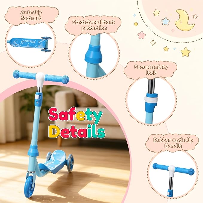 Three Wheel Scooter for Kids 2-5, Light Up Princess Scooters with Handleber-Steer, Adjustable Height Kick Scooters for Boys & Grils, Indoor and Outdoor Use