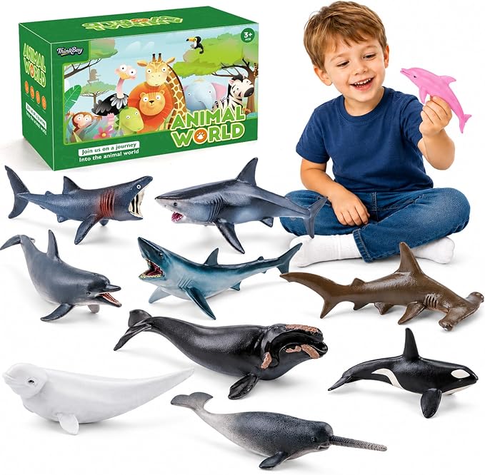 10PCS 5-6" Sea Animal Toys for Toddlers, Bath Ocean Animal Whale Shark Figurines Toys for Kids, Cake Toppers Birthday Party Favors & Gifts for Boys & Girls