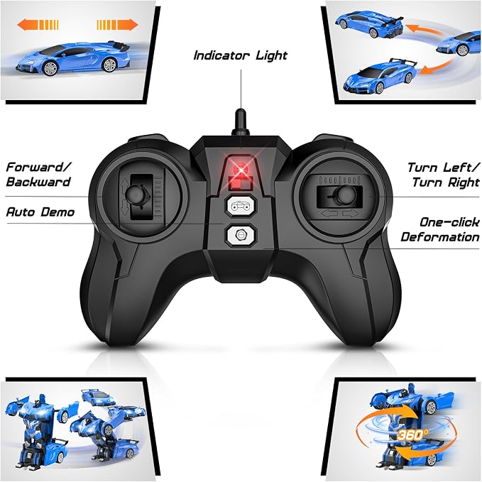 Qumcou Transform Remote Control Car, RC Cars for Boys Age 3-5 6-8, One-Button Transform Toy Cars, 2.4GHz, 360° Spin, 1:16 Scale, Flashing Headlight,3-8 Year Old Grandkids Christmas Birthday Gifts