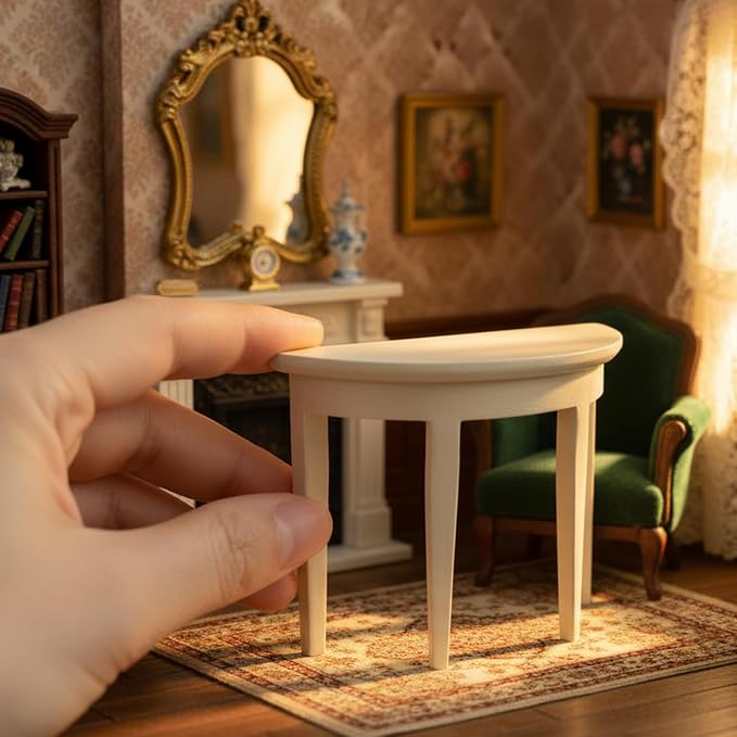 Miniature Half Moon Table Dollhouse Furniture 1/12 Scale for Living Room Bedroom Hallway, Entrance, Small Spaces, DIY Doll House Accessories (White)