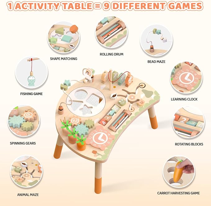 Wooden Activity Table for Toddlers 1-3, 9 in 1 Montessori Sensory Table with Bead Maze Shape Sorter Fishing Game, Baby Activity Table Learning Toys for 1 2 3 Year Old Boys Girls