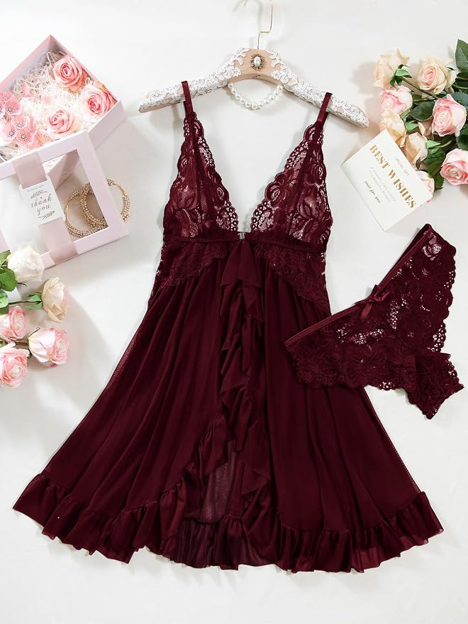 Foxiny Sexy Open Front V Neck Ruffle Sheer Mesh Lace Wireless Babydoll Lingerie Dress with Thong 2 Piece