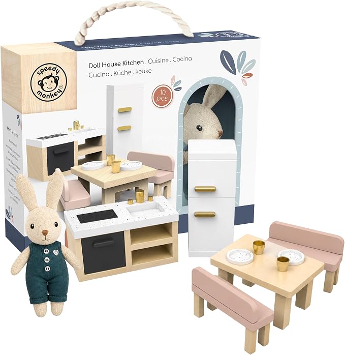 SPEEDY MONKEY Doll House Kitchen Playset with Bunny – Miniature FSC Wooden Kitchen Furniture Set – Dining Table, 4 Chairs, Fridge & Accessories – Pretend Play Doll House Decor Toy for Kids & Girls