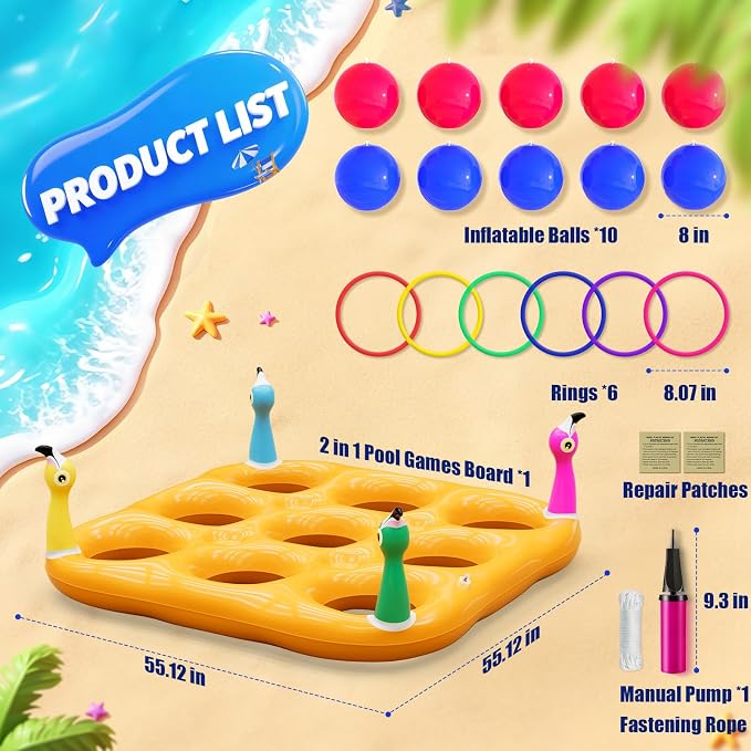 Flamingo Pool Toys Games Set, 2-in-1 Giant Inflatable Tic Tac Toe Float Game & Ring Toss Game with 10 Balls & 6 Rings, Outdoor Summer Fun Beach Yard Swimming Pool Games for Adults Teens Kids 6+
