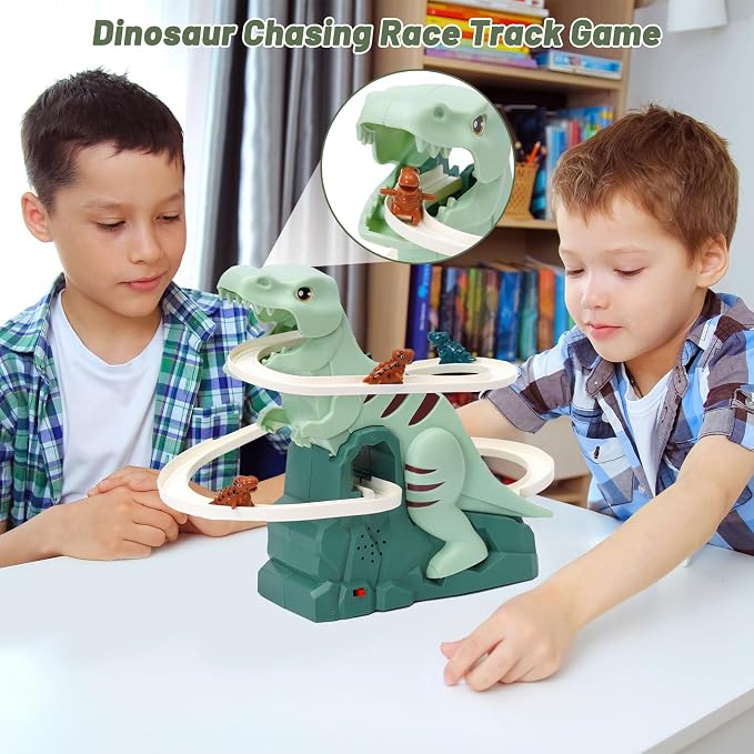 Dinosaur Chasing Race Track Game Set Slide Climb Stairs Toy Roller Coaster Toy with Music Educational Puzzle Playsets Gift for Toddler Kids Boys Girls Age 3 4 5 6 7 8