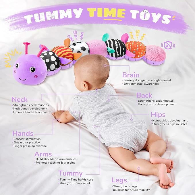 AWOTOY Baby Toys 6-12 Months Music Caterpillar,Stuffed Animals Infant Toys 0-3-6 Months,Baby Sensory Toys Tummy Time with Crinkle Rattle Teething Toys for Boys Girls Gifts Birthday|Lavender Purple