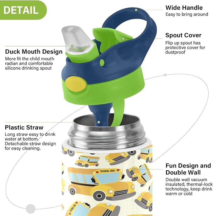 Boccsty Yellow School Bus Kids Water Bottle with Straw Lid Truck Insulated Stainless Steel Reusable Tumbler for Boys Girls Toddlers 12 oz Green