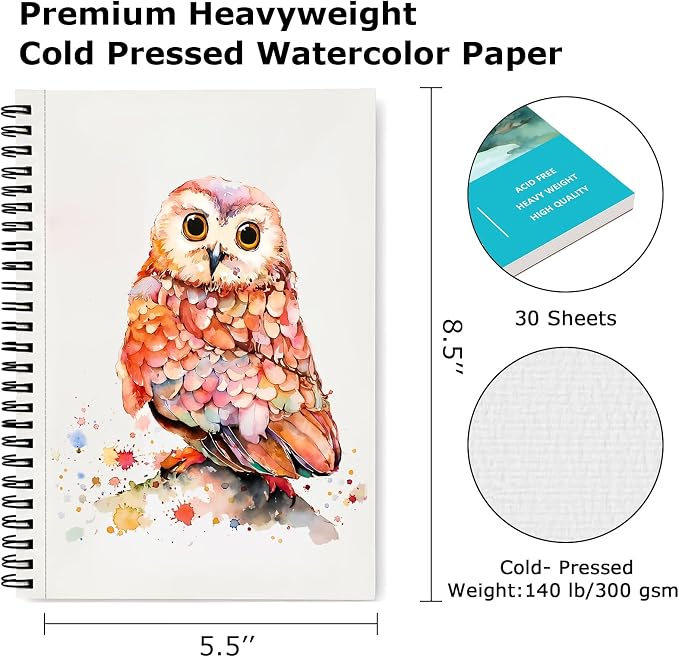 Hapikalor 5.5"x8.5"Watercolor Small Sketchbook for Kids, 30 Sheets (60 Pages) Spiral Bound, Water Color Paper, 140lb/300gsm Watercolor Paper, Watercolor Notebook, Watercolor Journal, Sketch Pad, Teal
