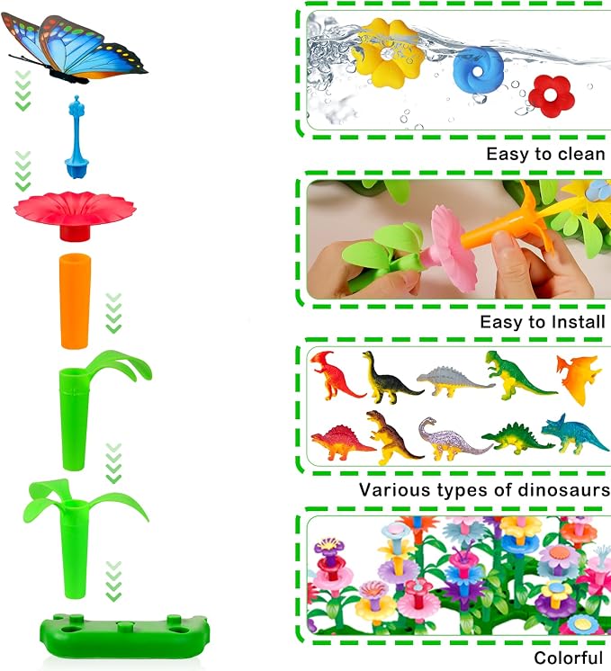Toys Gifts for Toddlers Boys Girls Age 2 3 4 5 6, 167 PCS Dinosaur Flower Garden Building Blocks, STEM Fine Motor Skill Stacking Games, First 1st Birthday Gifts for Preschool Kids 2+ Years Old