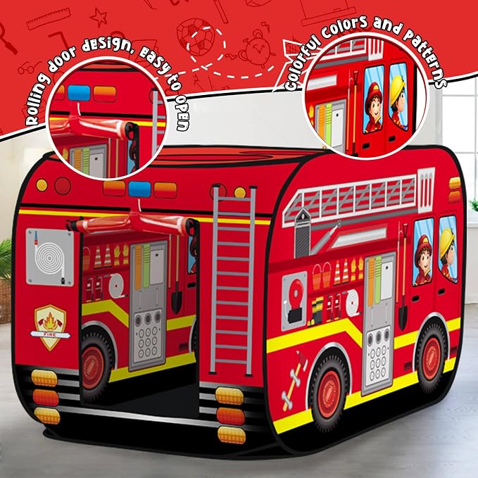 Pop Up Play Tent for Kids Aged 3-5 Years Old Boys and Girls : Fire Truck Tent Playhouse Toy Play Tents for Toddlers 3-5 Kids Tent Indoor Outdoor Playhouse Toys for 3 + Year Old, Fire Truck