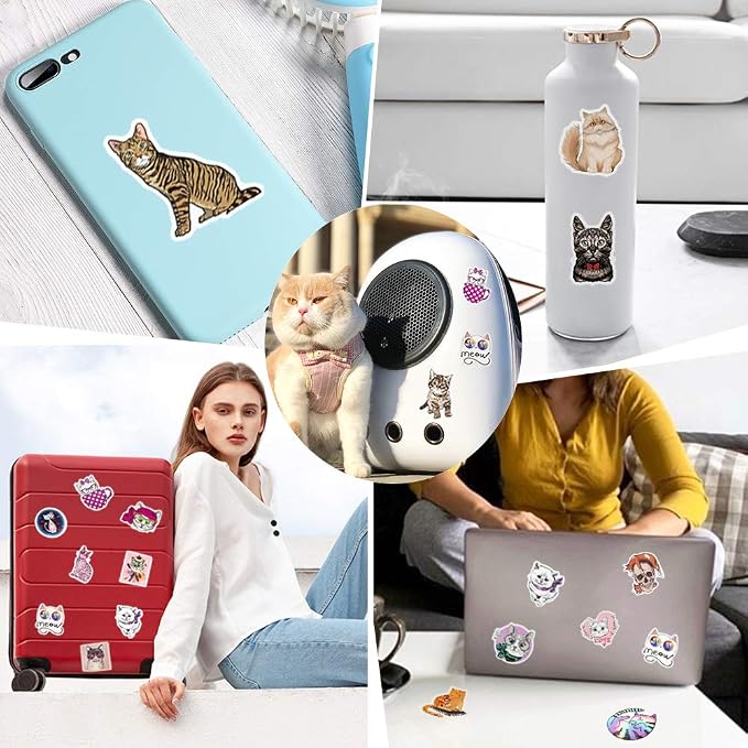 QTL Cat Stickers for Kids Cat Party Supplies Waterproof Vinyl Stickers for Water Bottle Laptop Stuff Gifts 50Pcs
