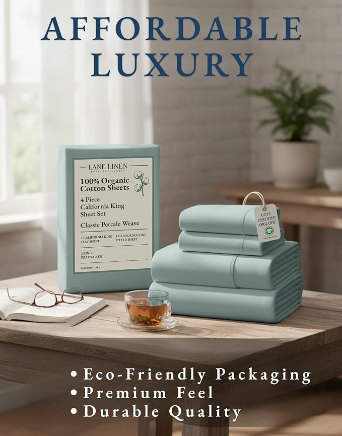 LANE LINEN California King Sheet Set 100% Organic Cotton Soft - French Blue | Cal King Sheets In Pure Long-Staple Organic Cotton - Honest-Price Organic Quality, Crisp, Cool & Breathable, For Hot Sleepers