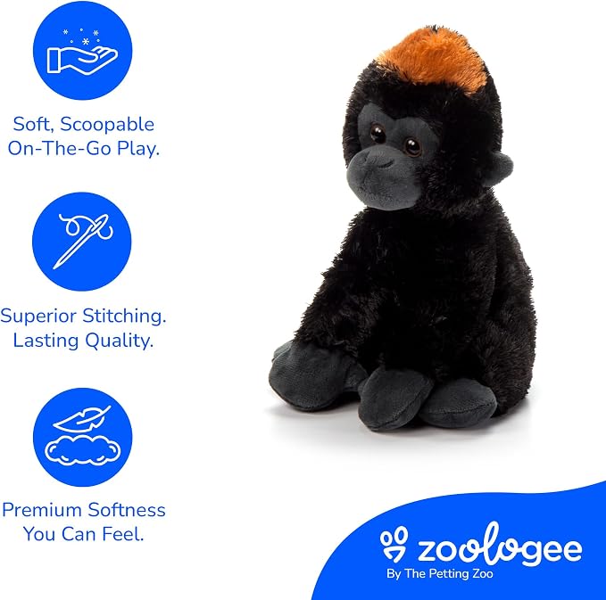 The Petting Zoo Gorilla Stuffed Animal Plushie, Gifts for Kids, Scoopz Wildlife Animals, Black Gorilla Plush Toy, 8 inches