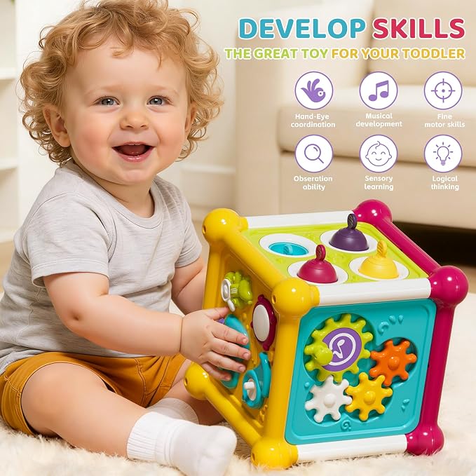 Baby Activity Cube, 12-in-1 Educational Early Development Toy with 4 Sensory Shape Blocks, Music Busy Board, Montessori Toys for 1 2 Year Old, Birthday Gift for 1 Year Old