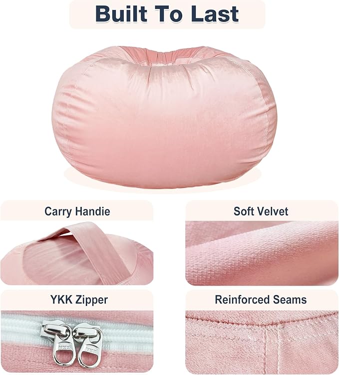 Lukeight Stuffed Animals Storage Bean Bag Chair Cover for Kids and Teens, Cozy Velvet Plush Toy Organizer Seat, Cover Only, No Filling Included, Long YKK Zipper, Side Pocket, XX-Large 36 x 20 in