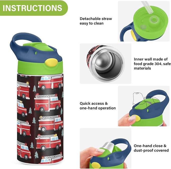 Boccsty Red Fire Rescue Truck Kids Water Bottle with Straw Lid Insulated Stainless Steel Reusable Tumbler for Boys Girls Toddlers 12 oz Green