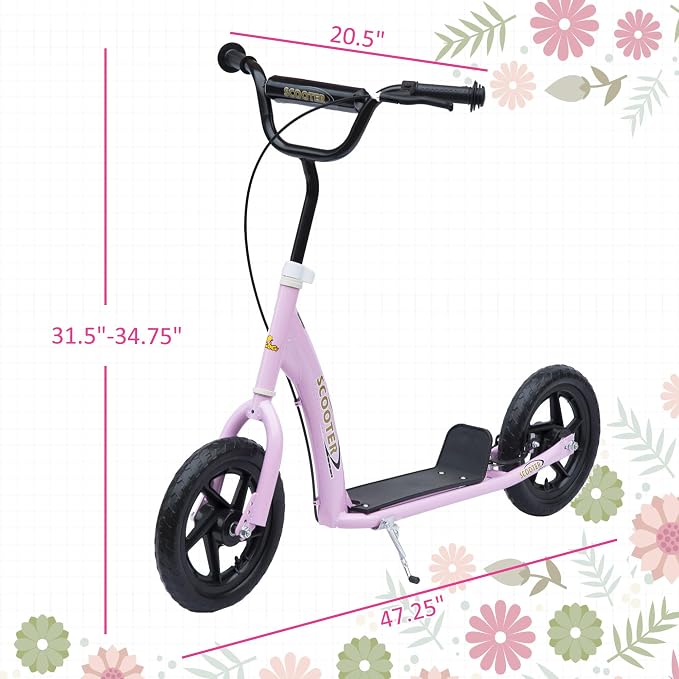 HOMCOM Kick Scooter for Kids 5-12 Years Old, Big Wheel Kids Scooter with Adjustable Height Handlebar, 12" EVA Tyres, Non-Slip Footplate, Rear Brake