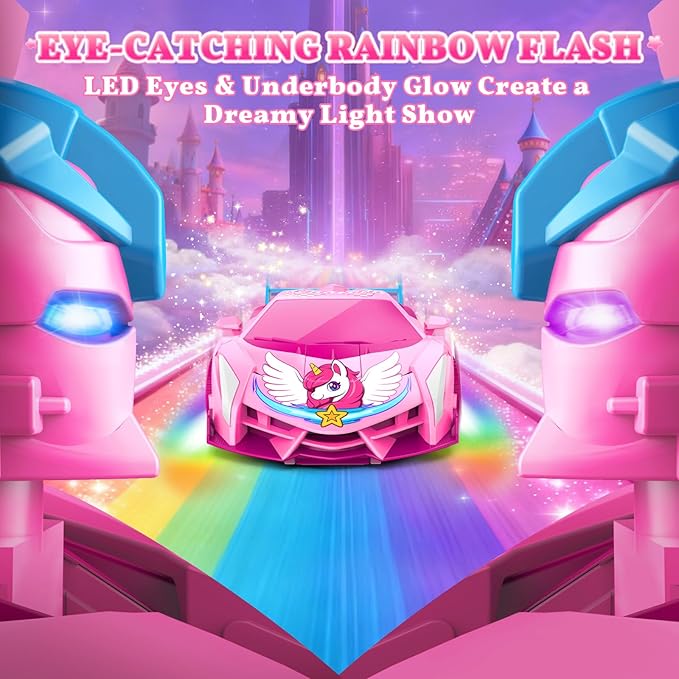 Pink Unicorn Transform RC Cars for Girls Toys with Rainbow Eyes & Underbody Lights, Fast 360°Rotation & 2.4GHz Robot Remote Control Car One-Button Deformation,Birthday Gifts for 3-12 Year Old Girls