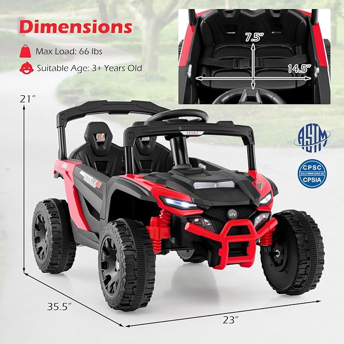 Costzon 12V Kids UTV Ride On Car, Battery Powered Electric Vehicle with Remote Control, 3 Speeds, LED Lights, Music, Horn & Spring Suspension, Off-Road UTV for Boys & Girls 3+ Years Old (Red)