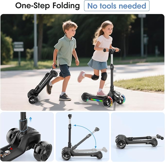 Electric Scooter for Kids Ages 3-8, 3 Wheels Electric Scooter, Electric Kick Scooter with 2 Speeds, Long Battery Life, Flashing LED Wheels, Adjustable Height, B2 with Bluetooth Music for Boys/Girls