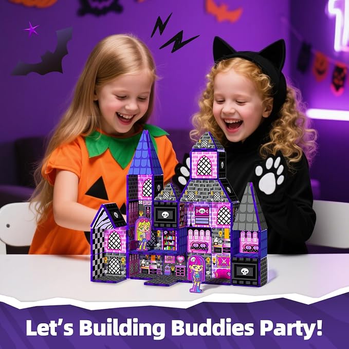 GobiDex Magnetic Doll House Building Toys for Girls with Two Figures, Haunted Castle Magnetic Tiles Playset for Kids Ages 4-8, STEM Sensory Birthday Girls Ages 3+